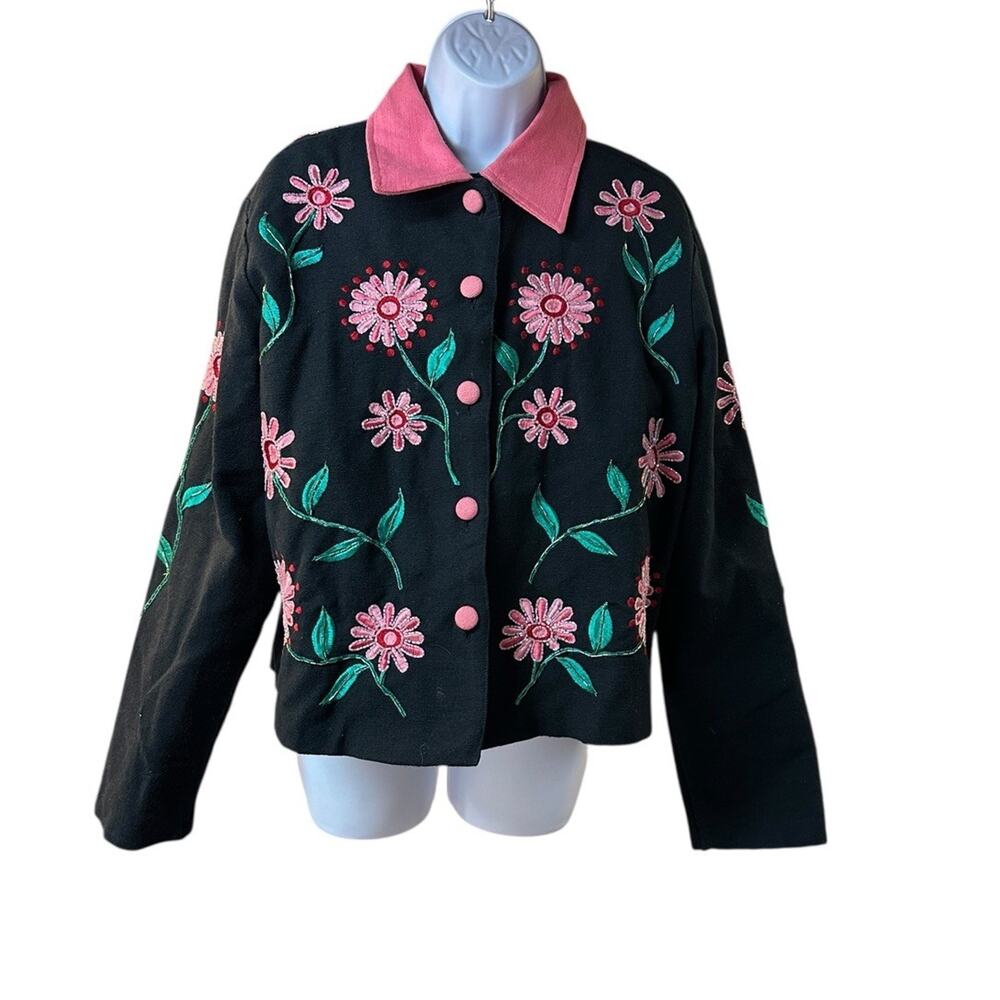 Bleu Bayou Daisy Embroidered Jacket L Black Pink Cottagecore